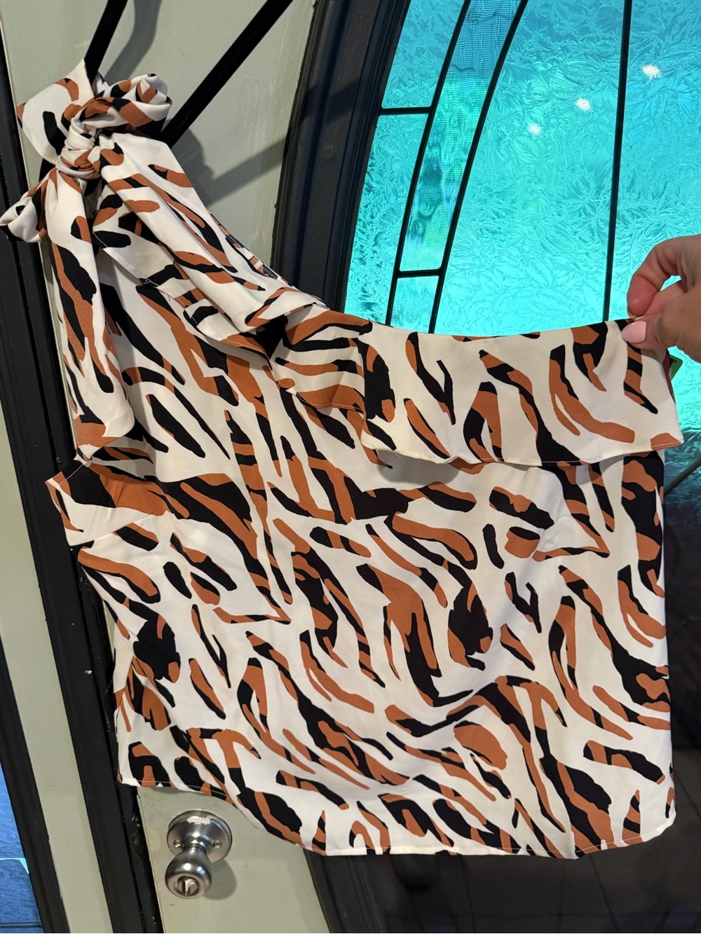 Nine West One-Sleeve Animal-Print Blouse in Cream, Brown & Black